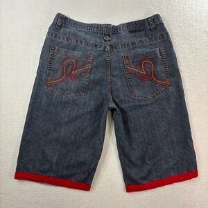 Y2K Raw Blue Baggy Jorts Men 38x15 Gray Red Embroidered Jean Short Denim Vintage
